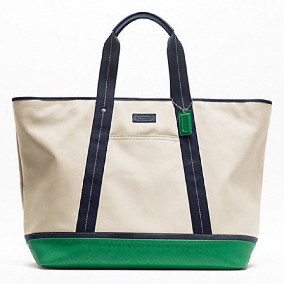 Coach Cream Canvas Tote With Black Straps And Green Base